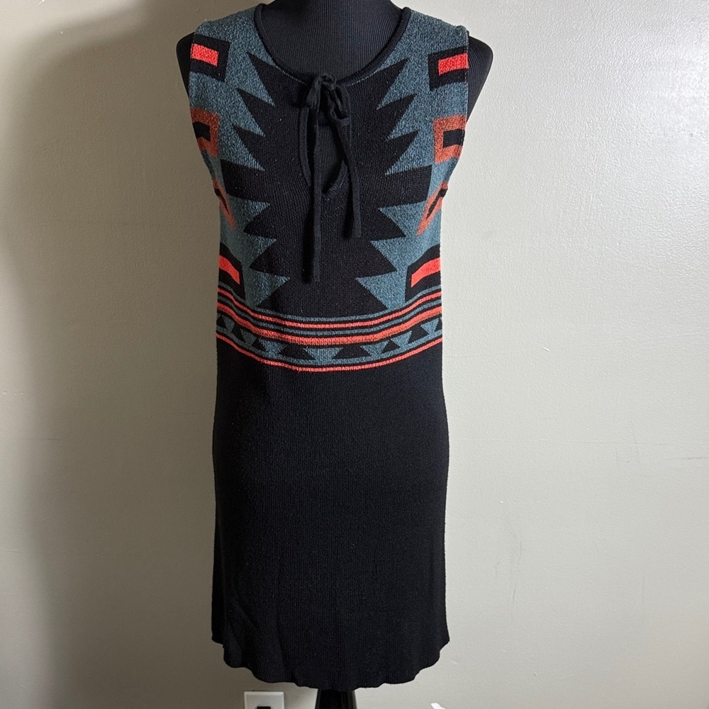 Rachel Roy Sleeveless Black Knit Sweater Dress w Aztec Teal & Orange Print Sz M